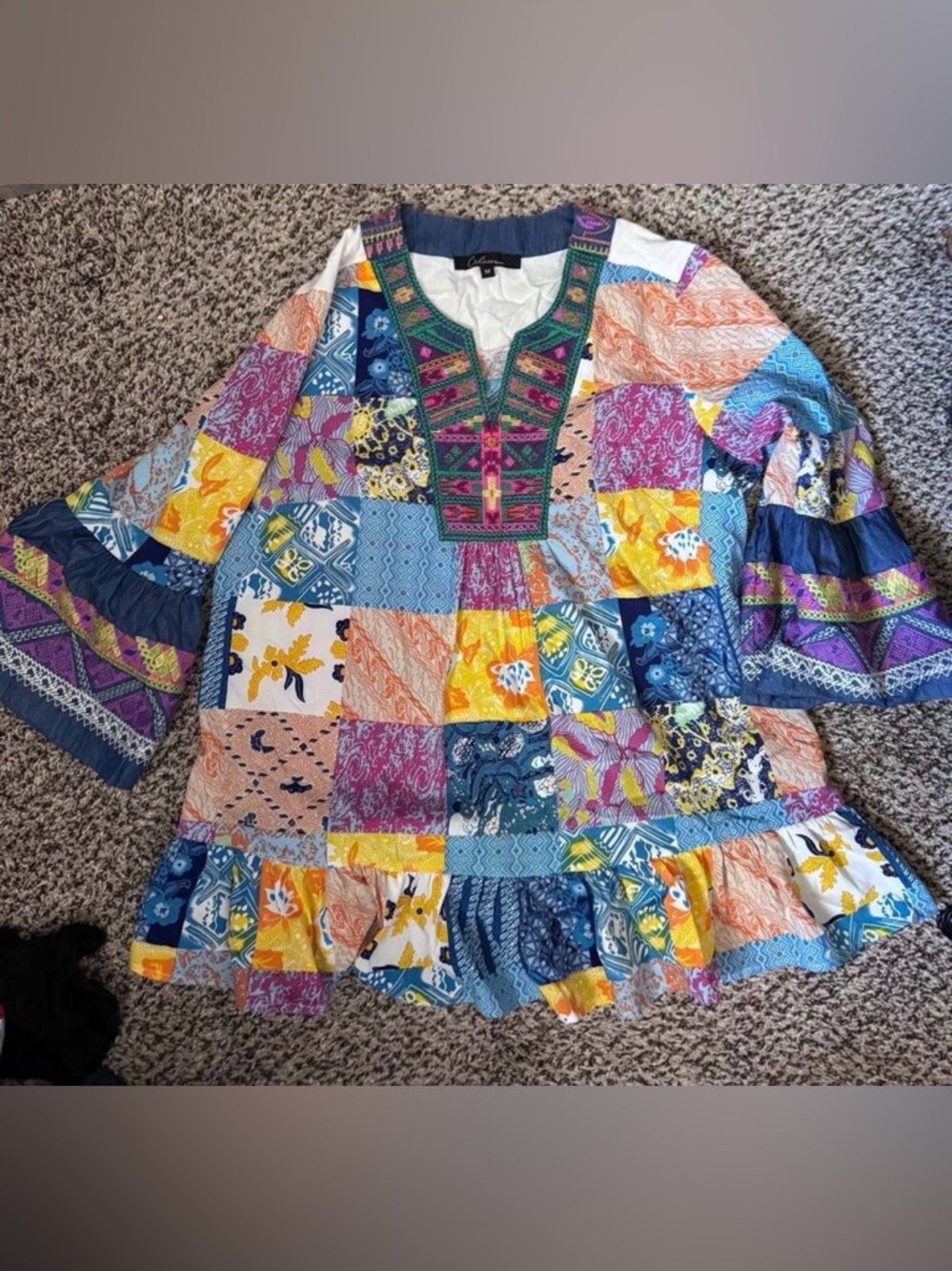 Calessa Embroidered Multi-Print Patchwork V-Neck 3/4 Bell Sleeve Tunic